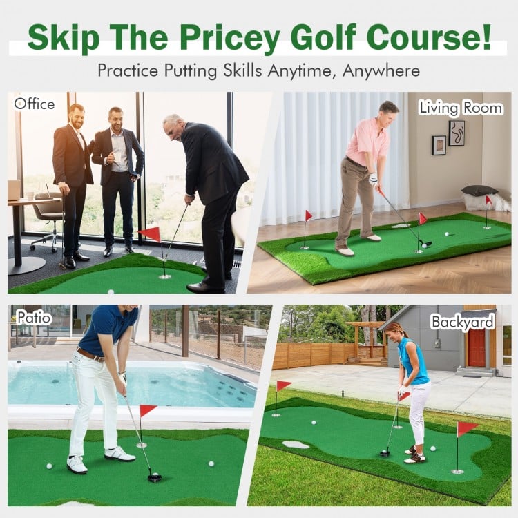 Golf putting green with realistic artificial grass, featuring three holes, suitable for indoor and outdoor practice.