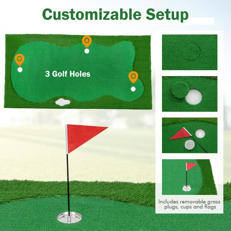 Golf putting green featuring realistic artificial grass turf with three holes, removable plugs, cups, and flags for.