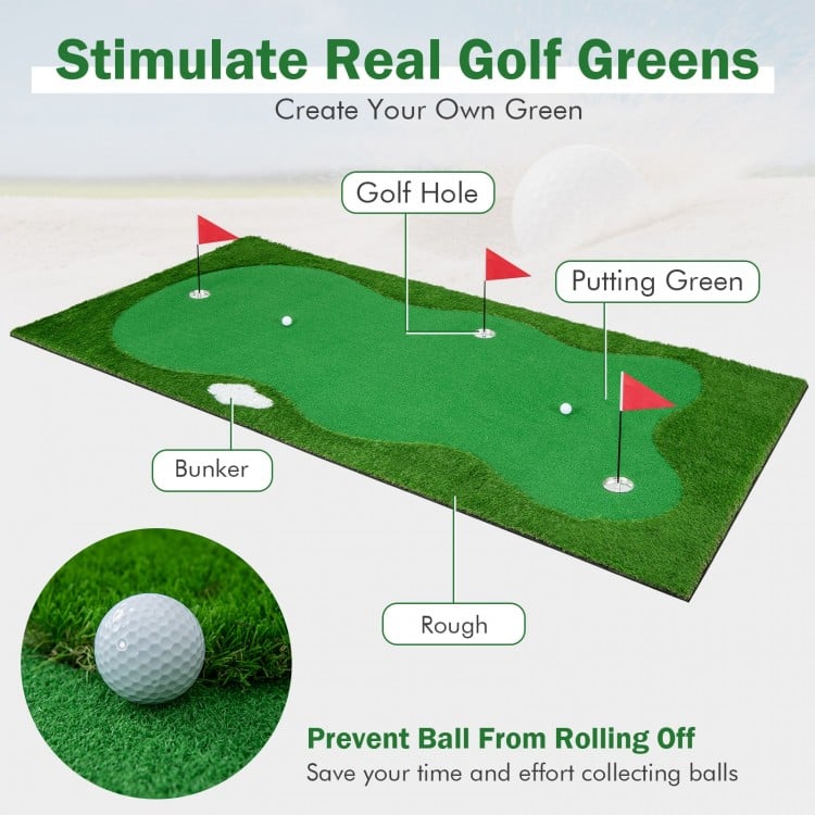 Golf putting green with realistic artificial grass, featuring three holes, flags, and non-slip backing for indoor or.