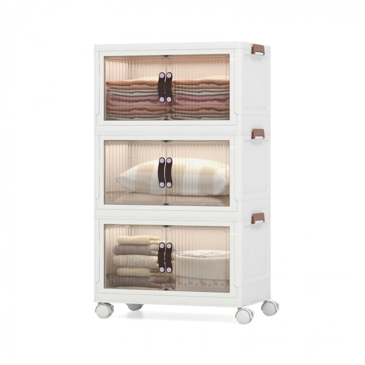 Stackable 3-tier storage bins featuring translucent doors and side buckles, designed for secure and organized storage.