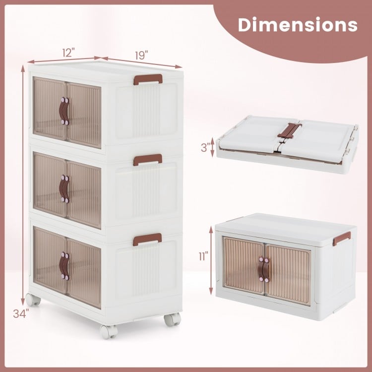 Three-tier stackable storage bins with magnetic doors, lockable casters, and translucent fronts for versatile.