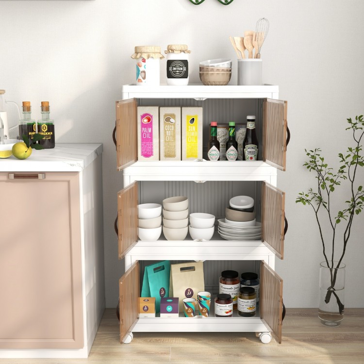Three-tier stackable storage bins with translucent doors, lockable casters, and handles for versatile organization.