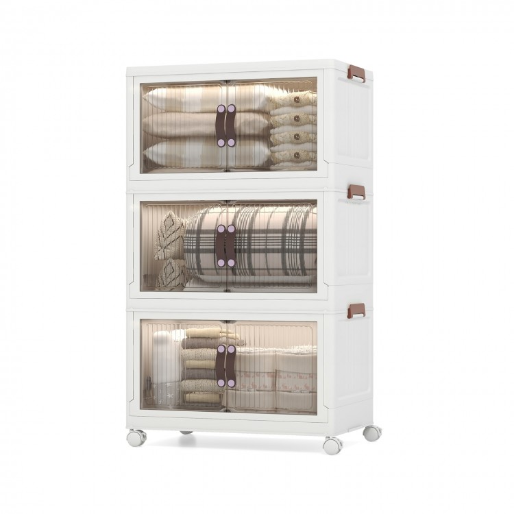 Three-tier stackable storage bins with magnetic doors, lockable casters, and translucent fronts for easy access.