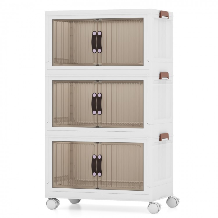 Three-tier stackable storage bins with foldable design, magnetic doors, and wheels for easy mobility and space-saving.