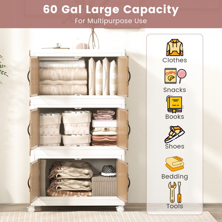 Three-tier stackable storage bins with magnetic doors, 60-gal capacity, ideal for organizing clothes, shoes, and tools.