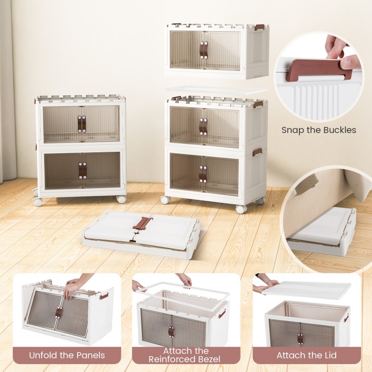 Three-tier stackable storage bins with magnetic doors, lockable casters, and side buckles for versatile organization.