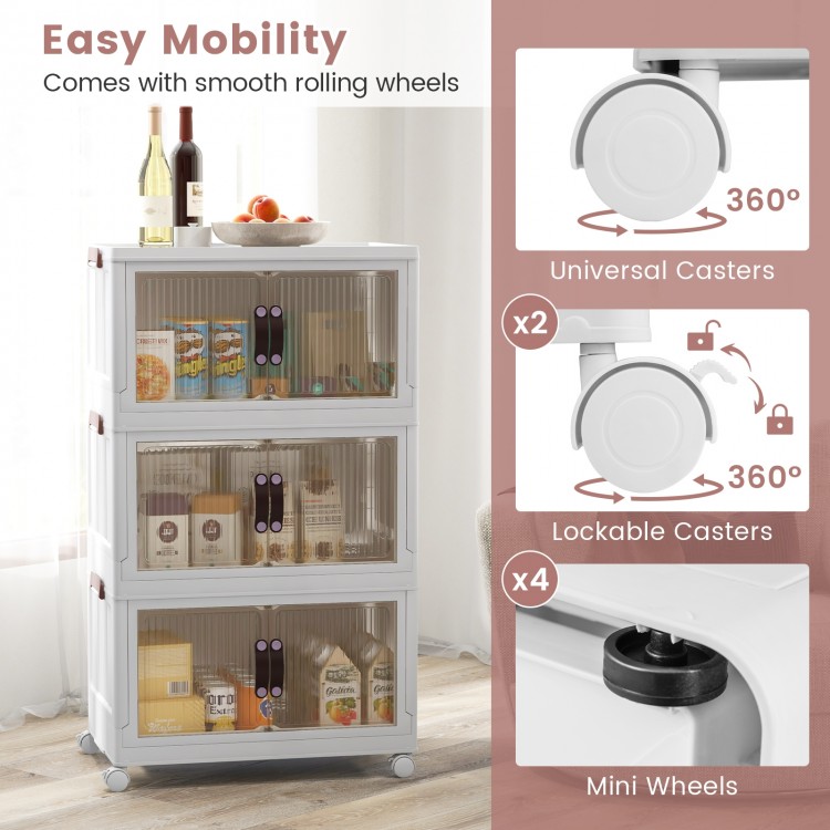 Three-tier stackable storage bins with magnetic doors and lockable casters for versatile organization and easy mobility.