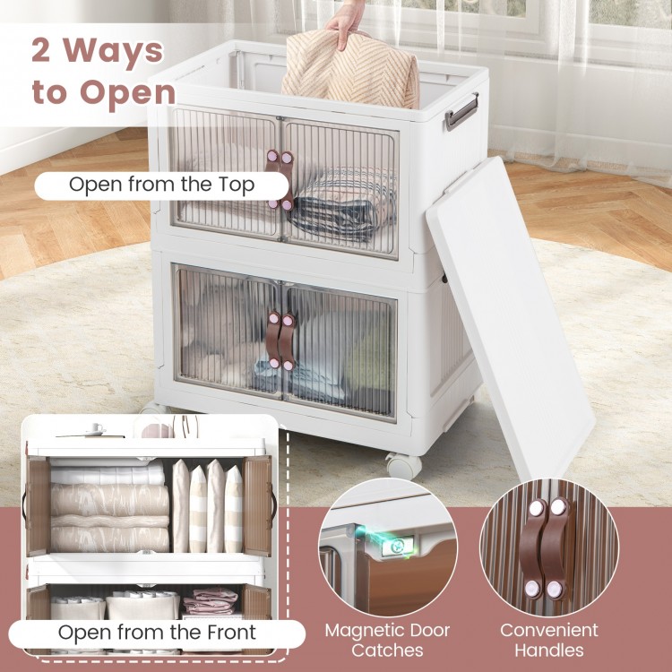 Stackable 3-tier storage bins with magnetic doors, lockable casters, and convenient handles for versatile organization.
