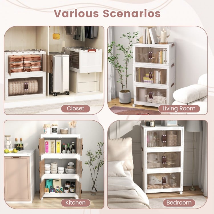 3-tier stackable storage bins with magnetic doors and lockable casters, ideal for closet, kitchen, or bedroom.