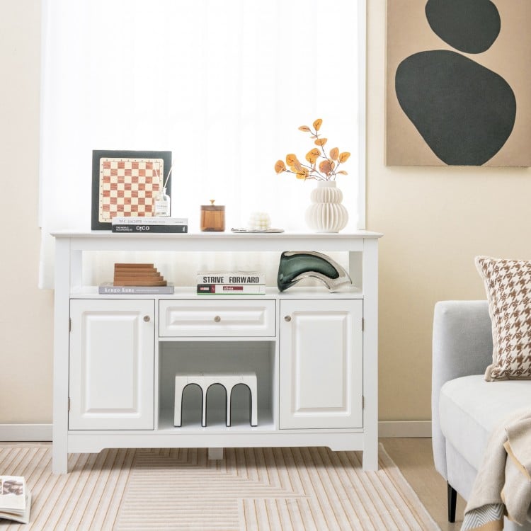 White buffet sideboard cabinet featuring an open shelf and removable wine rack, perfect for living room or dining room.