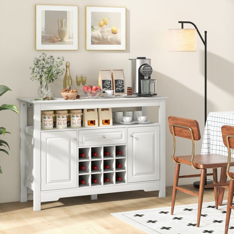 Buffet sideboard cabinet in white with removable wine rack, open shelf, and two side cabinets for versatile storage.