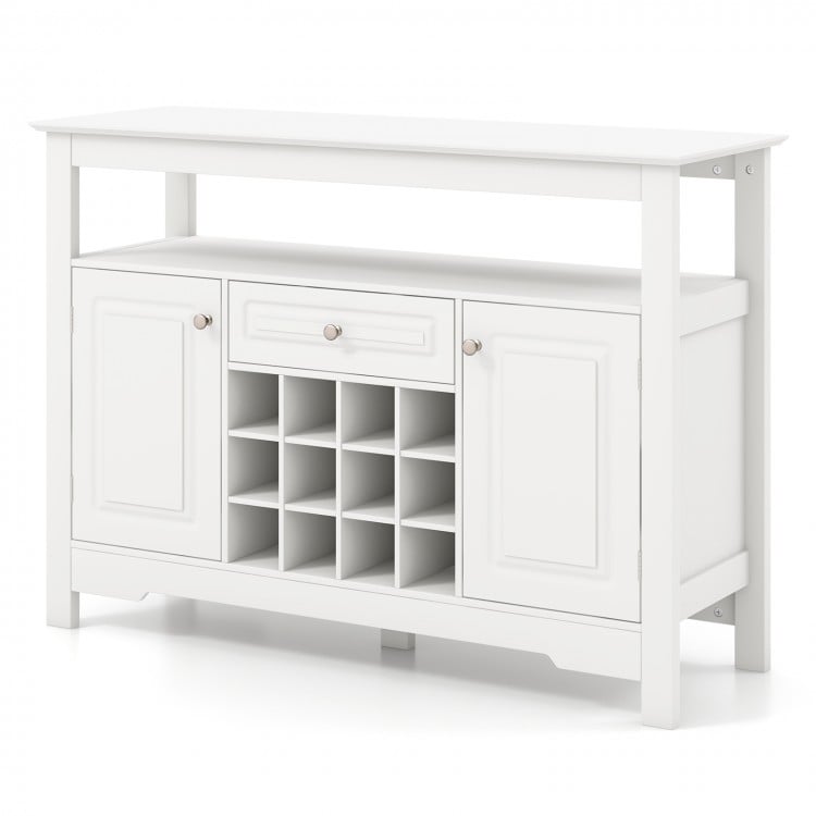 White buffet sideboard cabinet with removable wine rack, open shelf, and two side cabinets for versatile storage.