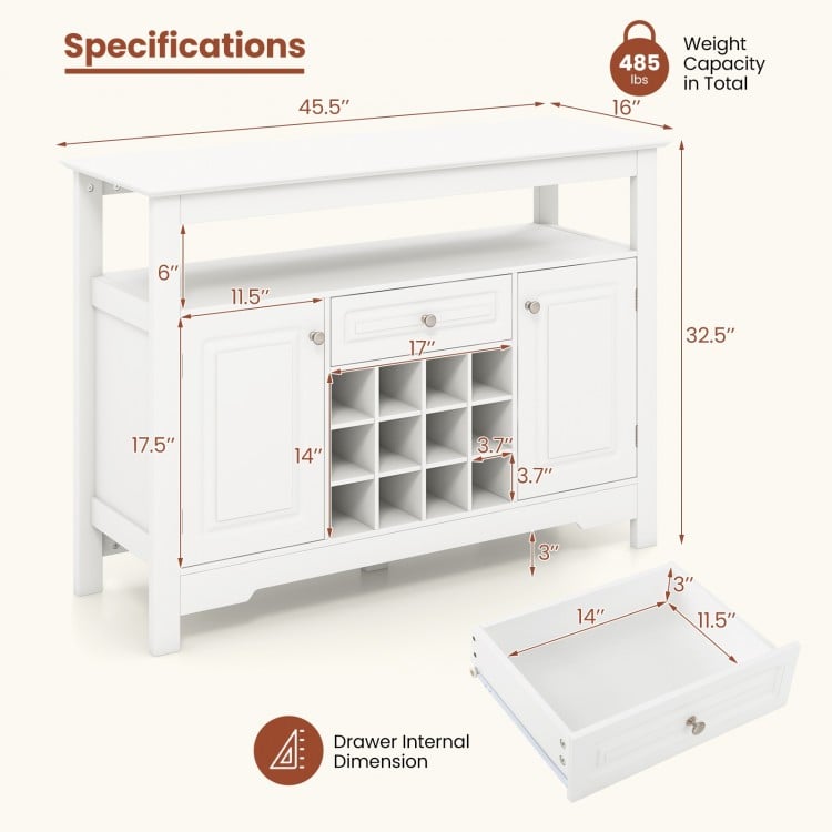 Dimensions of a white buffet sideboard cabinet with two side cabinets and a removable wine rack for versatile storage.