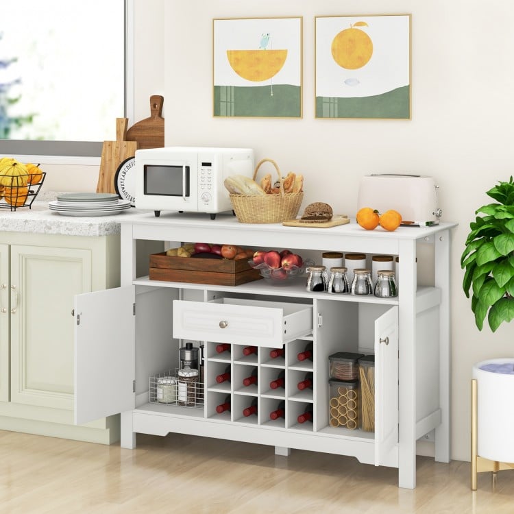 Buffet sideboard cabinet in white with removable wine rack, open shelf, and side cabinets for versatile kitchen storage.