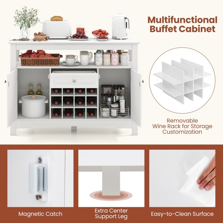 Buffet sideboard cabinet in white with removable wine rack, featuring open shelves and two side cabinets for versatile.