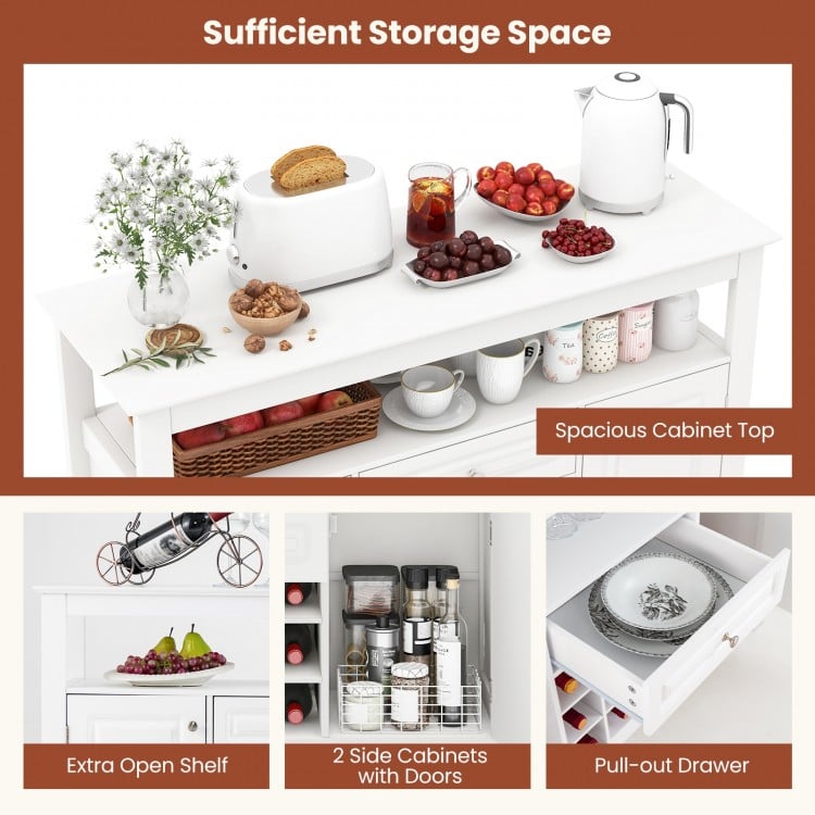Buffet sideboard cabinet in white with open shelf, two side cabinets, and pull-out drawer for versatile storage.