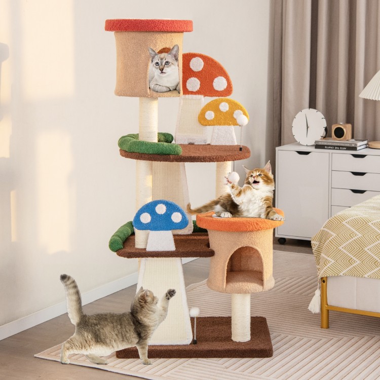 Multicolor 4-in-1 cat tree with two condos, platforms, and sisal posts for indoor play and rest.