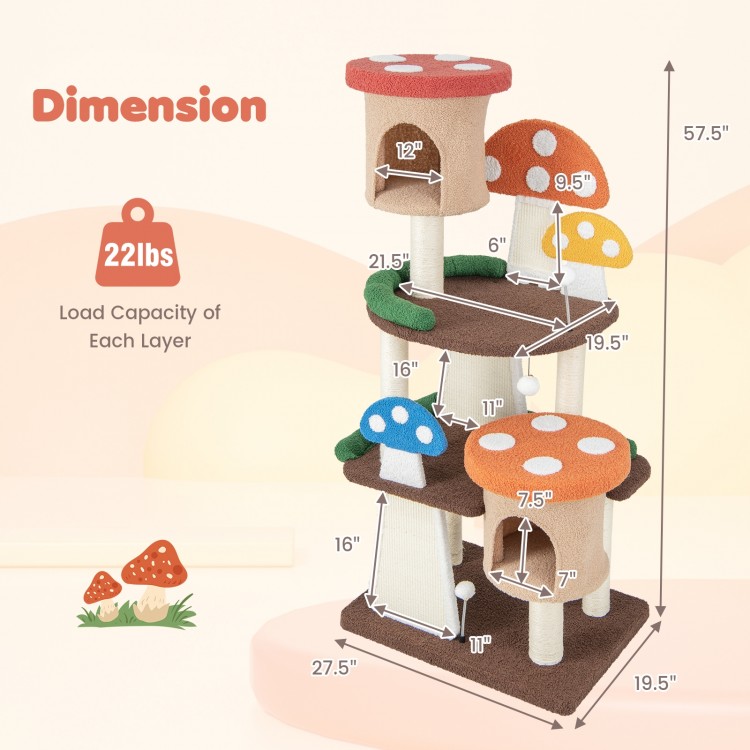 Multicolor 4-in-1 cat tree with 2 condos and platforms, featuring sisal posts and playful mushroom accents for indoor.