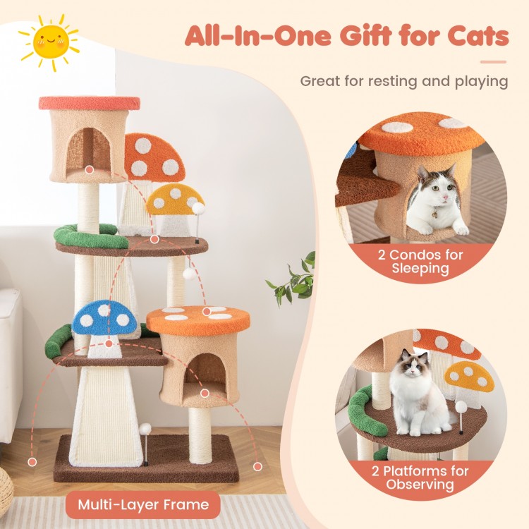 Multicolor 4-in-1 cat tree with 2 condos and platforms, featuring sisal posts and playful mushroom design for indoor.