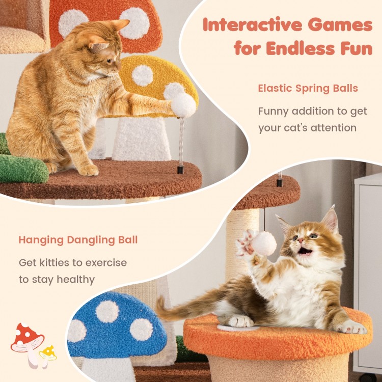 Multicolor 4-in-1 cat tree with condos and platforms, featuring elastic spring balls and a hanging dangling ball for.