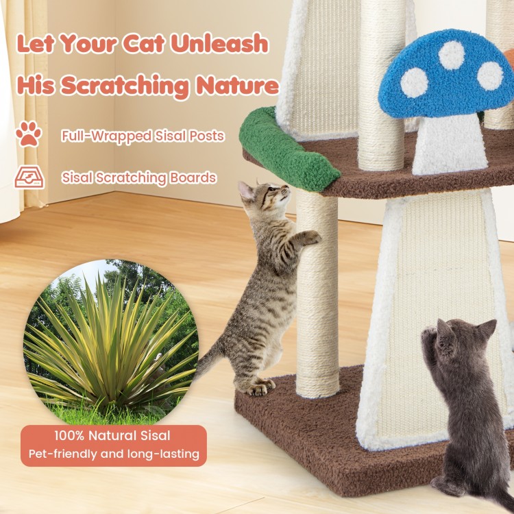Multicolor 4-in-1 cat tree with sisal posts, two condos, and platforms for indoor play and rest.