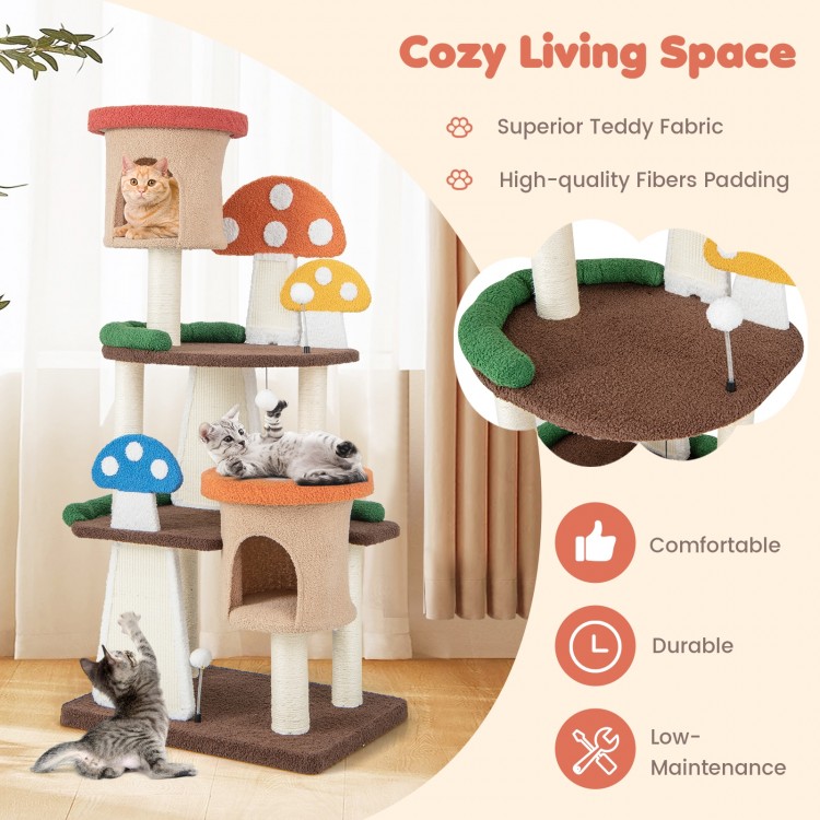 Multicolor 4-in-1 cat tree with 2 condos and platforms, featuring cozy teddy fabric and sisal posts for scratching.