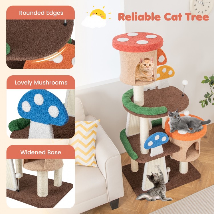 Multicolor 4-in-1 cat tree with rounded edges, two condos, and platforms, perfect for indoor play and rest.
