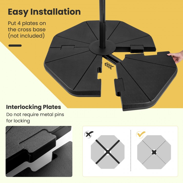 4-piece fillable umbrella base stand with interlocking plates for easy installation, designed for garden and poolside.