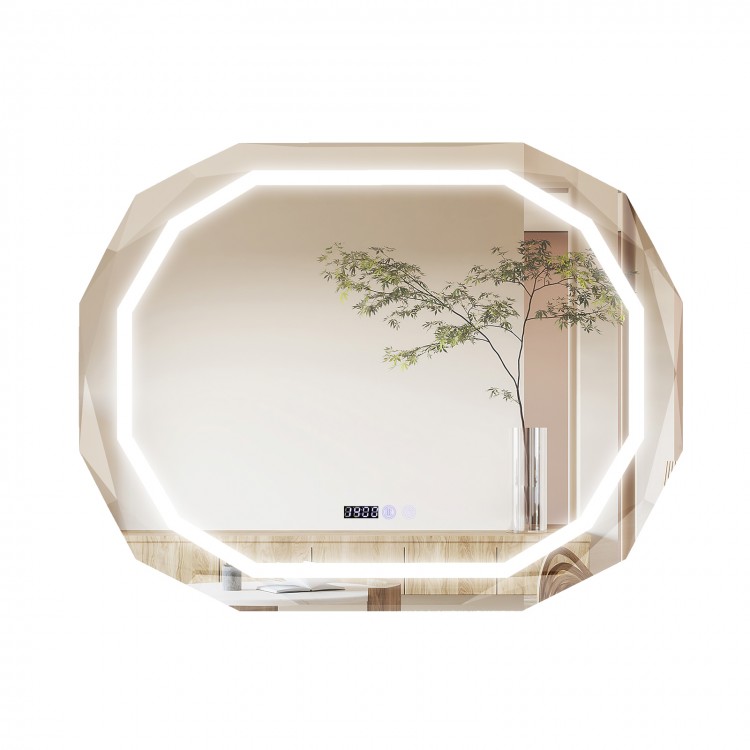Octagonal anti-fog bathroom mirror with 3 color LED lights and digital time display for convenient grooming tasks.