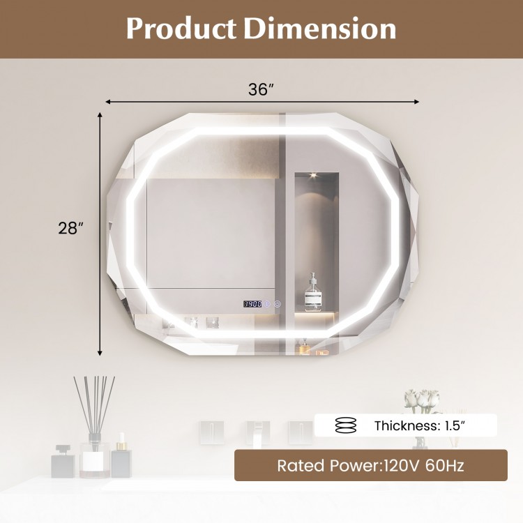 Anti-fog bathroom mirror measuring 36" x 28" with 3 color LED lights and built-in memory function for easy.