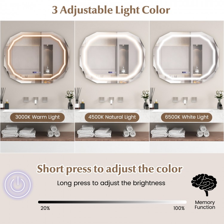 Anti-fog bathroom mirror with 3 adjustable LED light colors and memory function for optimal grooming ambiance.