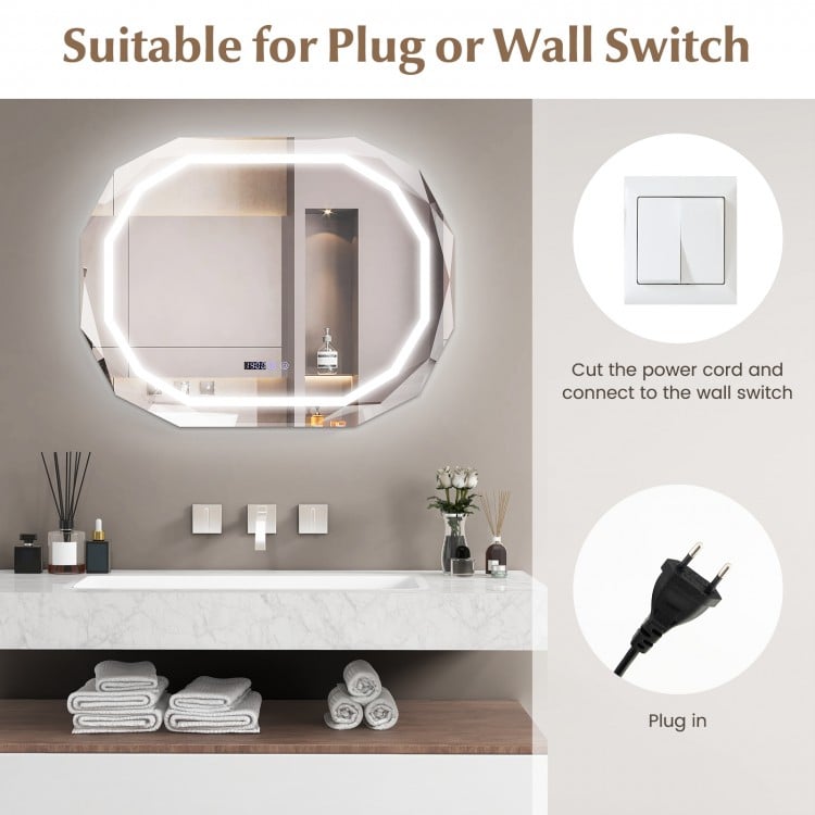 Anti-fog bathroom mirror with 3 color LED light, showcasing a sleek design and convenient plug or wall switch options.