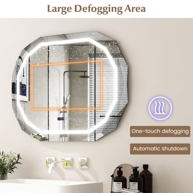 Anti-fog bathroom mirror with large defogging area, 3 color LED lights, and memory function for optimal grooming.