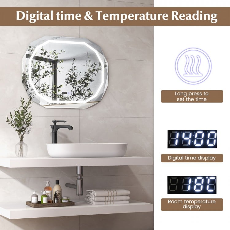 Anti-fog bathroom mirror with digital time display, 3 LED light modes, and shatter-proof design for safe grooming.