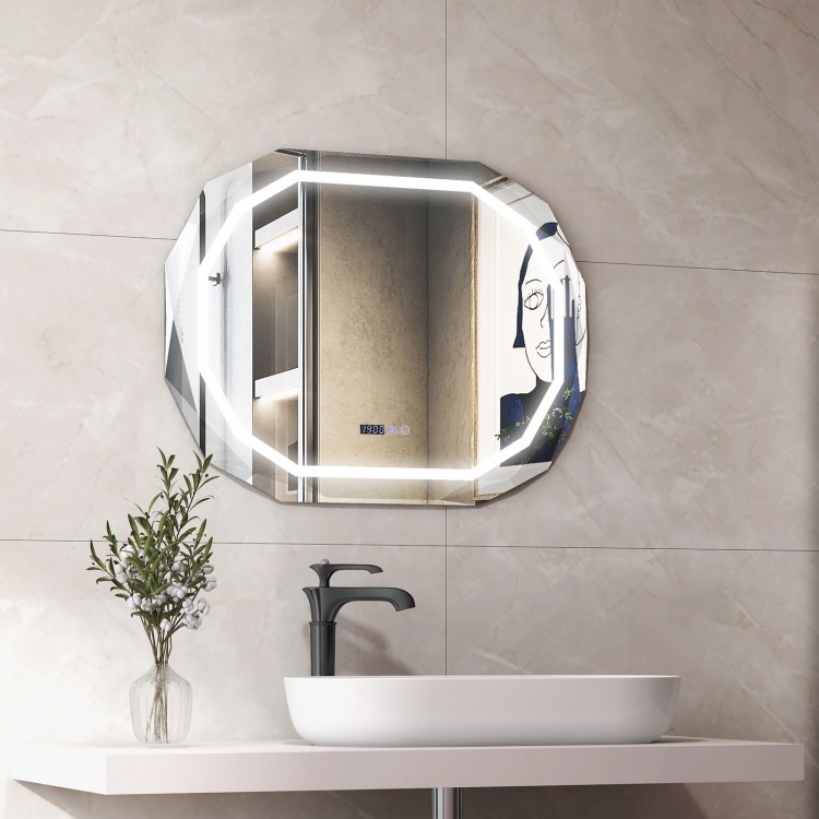Anti-fog bathroom mirror with 3 color LED lights, featuring a shatter-proof surface and built-in memory function.