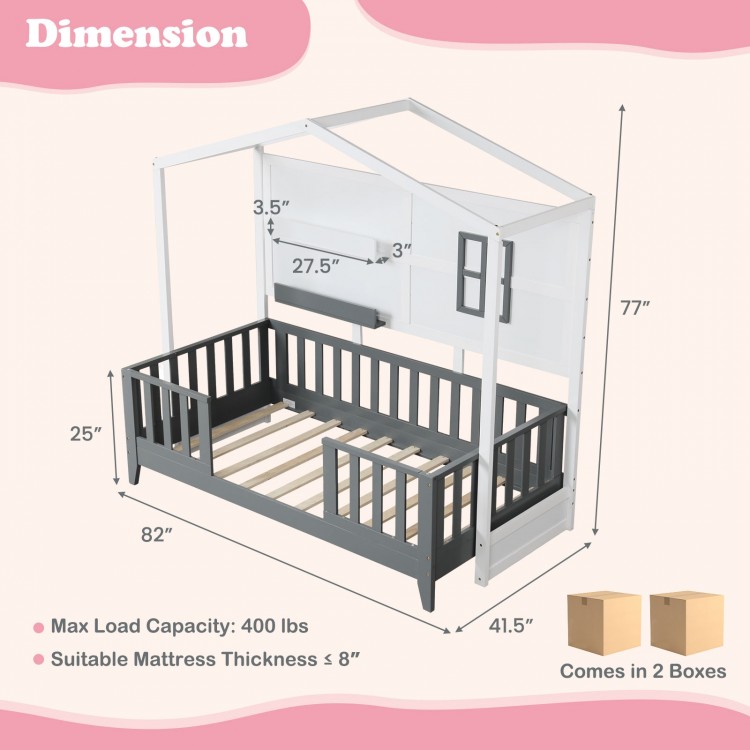 Twin wood house bed in gray and white with guardrails, 2 shelves, and low height for kids' safety and convenience.