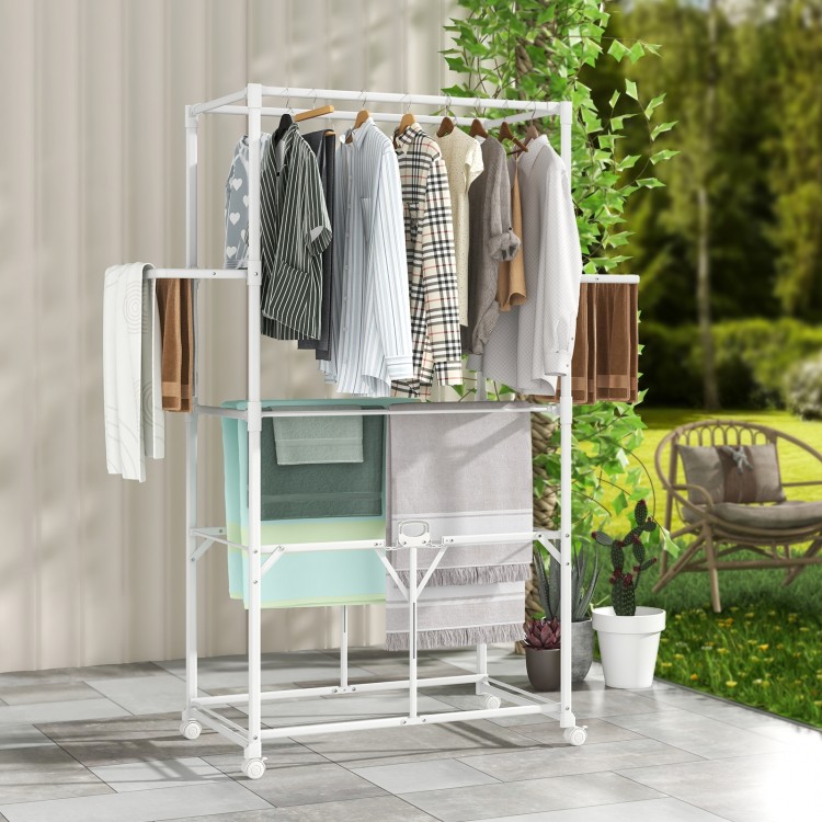 Foldable aluminum laundry rack with hanging rods and drying shelves, ideal for outdoor use and space-saving storage.