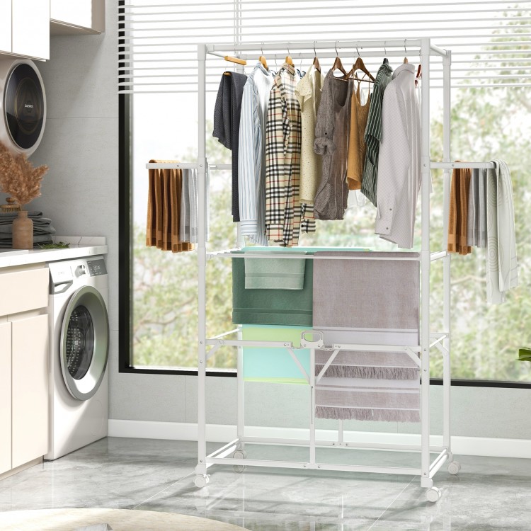 Foldable aluminum laundry rack with hanging rods and drying shelves, ideal for laundry or balcony use.