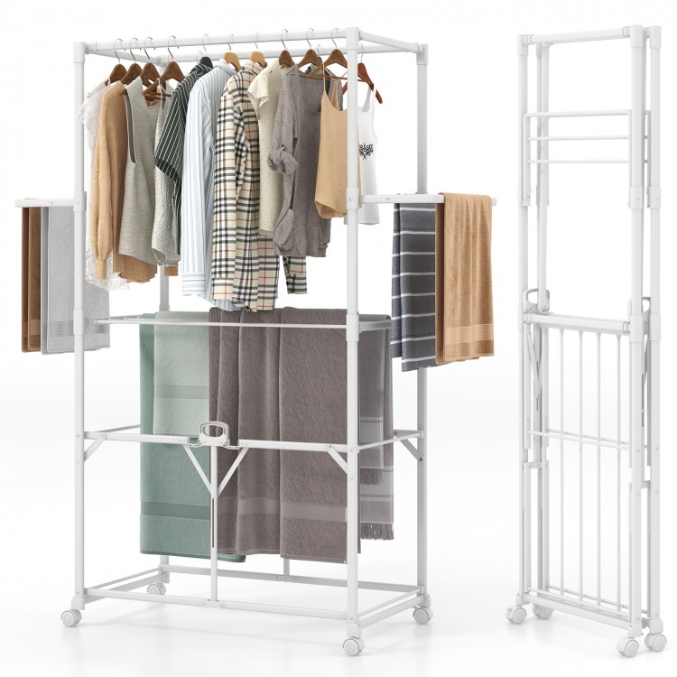 Foldable aluminum laundry rack with hanging rods and drying shelves, ideal for laundry or balcony use, featuring wheels.