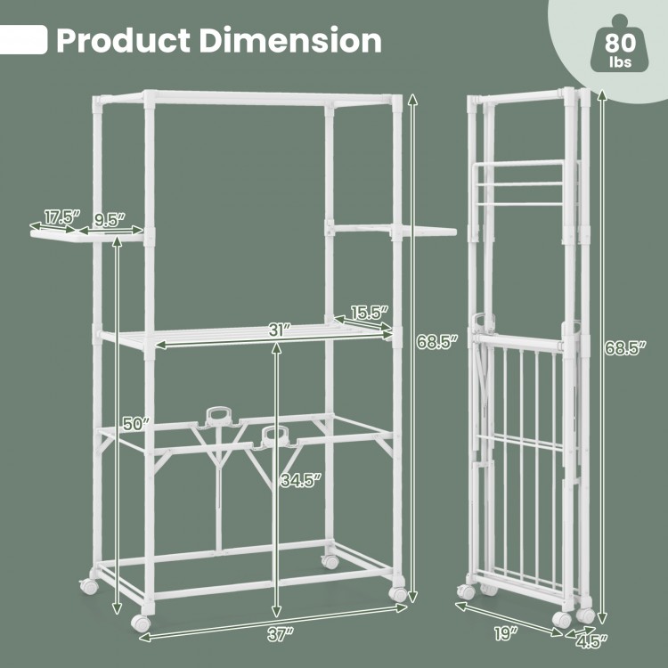 Foldable aluminum laundry rack with drying shelves and hanging rods, measuring 68.5 inches, ideal for laundry and.