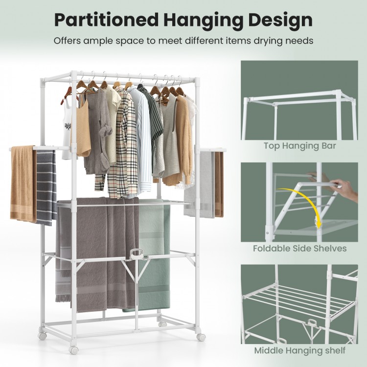 Foldable aluminum laundry rack with hanging rods and drying shelves, ideal for laundry and balcony use.
