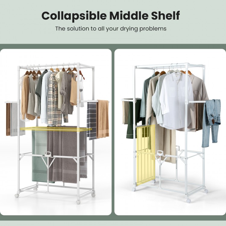 Foldable aluminum laundry rack with hanging rods and drying shelves, featuring a collapsible middle shelf for.