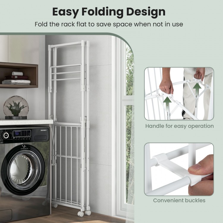 Foldable aluminum laundry rack with hanging rods, drying shelves, and wheels for easy movement and space-saving storage.