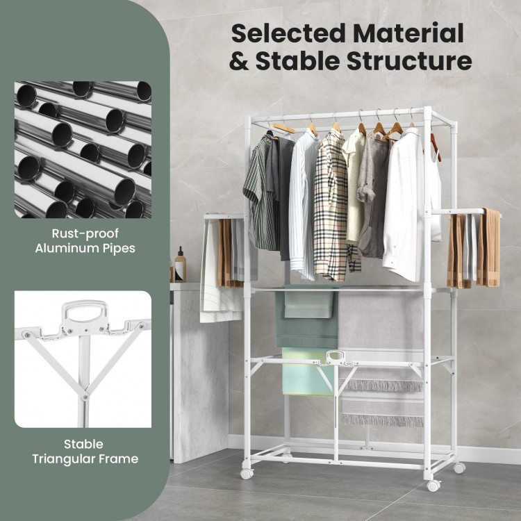 Foldable aluminum laundry rack with hanging rods and drying shelves, featuring a stable triangular frame for easy.