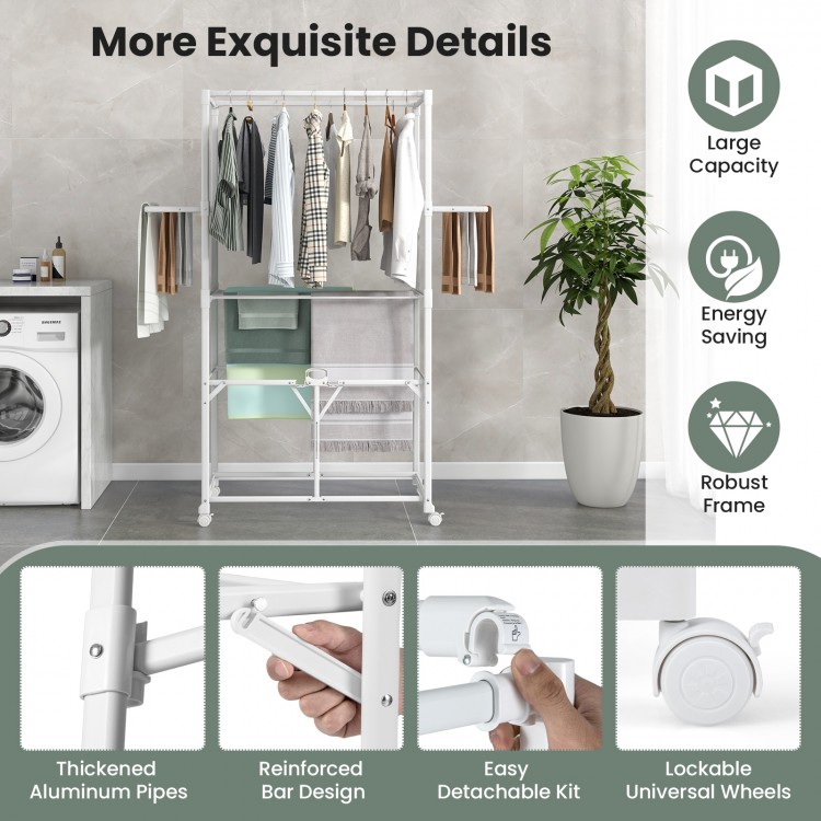 Foldable aluminum laundry rack with hanging rods and drying shelves, featuring a sturdy design and smooth universal.