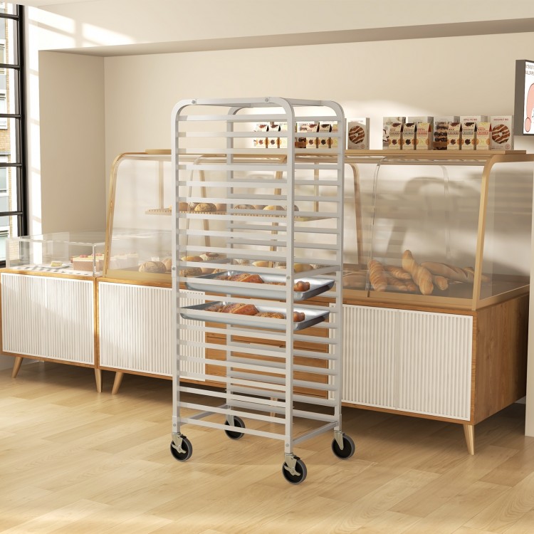 20-tier bun pan speed rack with lockable rubber wheels, designed for easy movement in kitchens and bakeries.