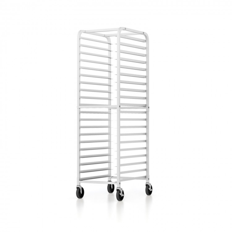 20-tier bun pan speed rack with lockable rubber wheels, showcasing reinforced connections for secure use in bakeries.