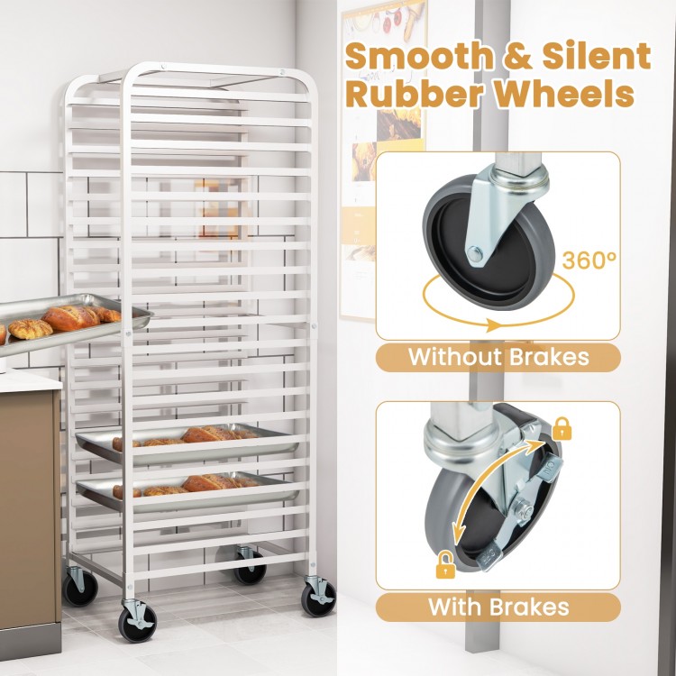 20-tier bun pan speed rack with lockable rubber wheels, featuring rustproof aluminum and smooth movement for kitchens.