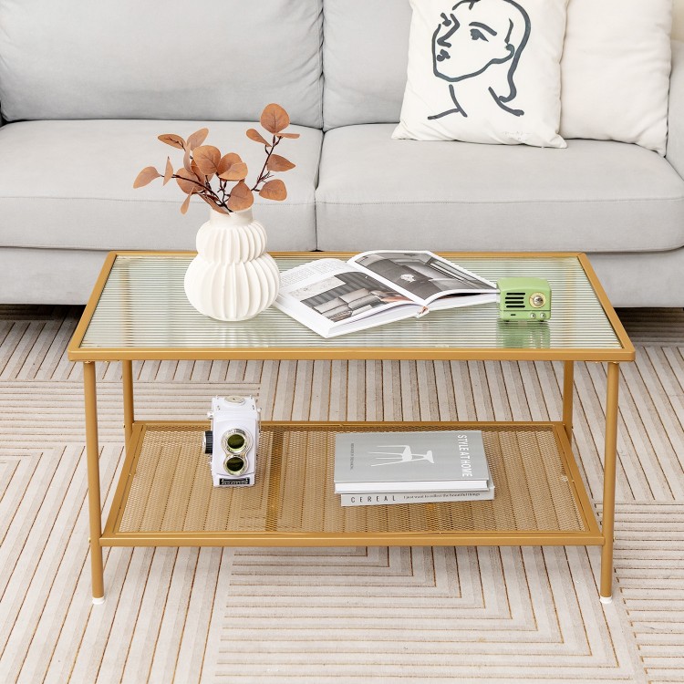 2-tier coffee table with a wavy tempered glass top and golden metal frame, ideal for home or office use.