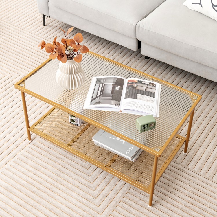 2-tier coffee table with a wavy tempered glass top and golden metal frame, perfect for home or office use.